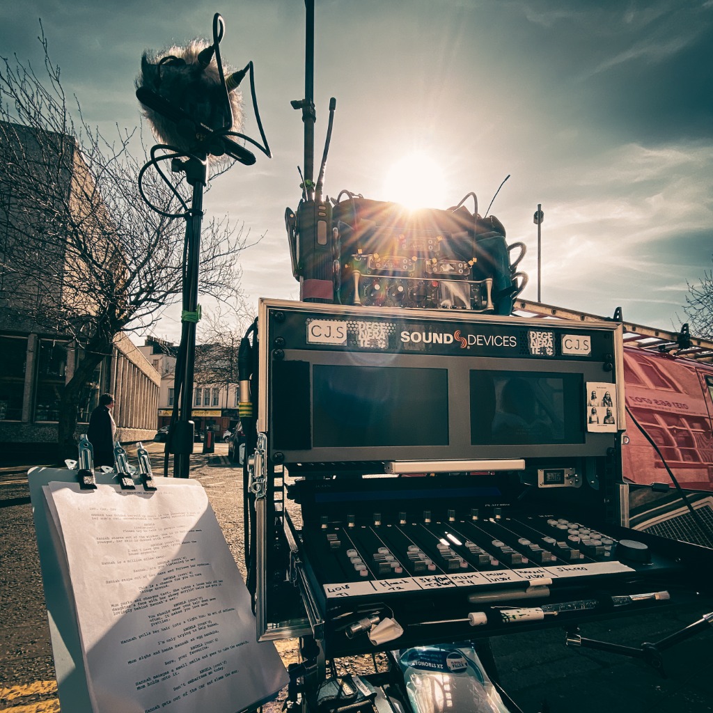 Production Sound Cart on Location with Script